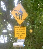 Marine stinger warning sign with first aid vinegar bottle.